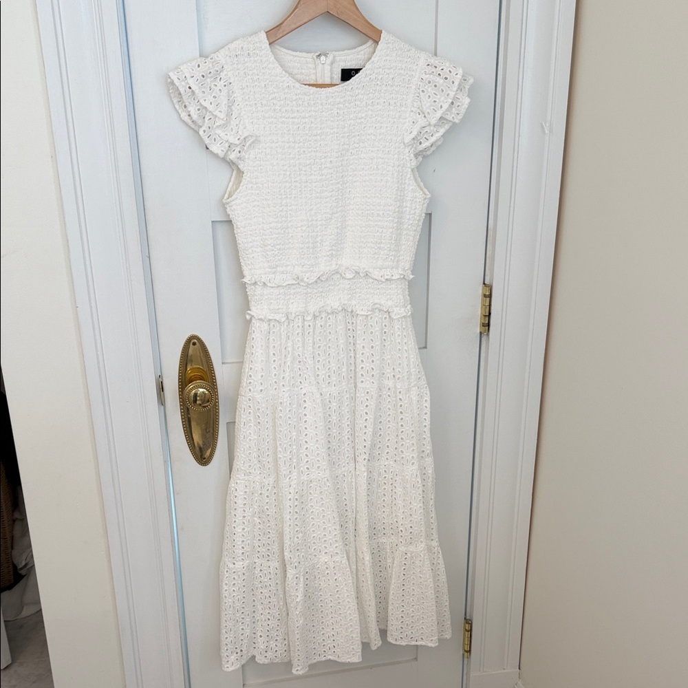 O.P.T White Eyelet Flutter Sleeve Midi Dress - L
